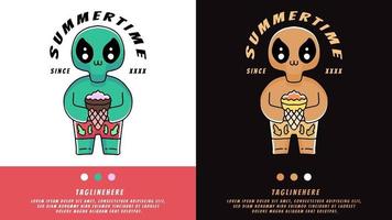 alienígena dos desenhos animados segurando sorvete no verão. ilustração para camiseta vetor