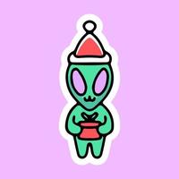 alienígena fofo com chapéu de Papai Noel, design gráfico para camiseta e adesivo vetor