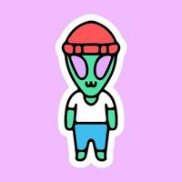 alienígena fofo com chapéu beanie, design gráfico para camiseta e adesivo vetor