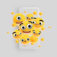 3D e diferentes tipos de emoticons com smartphone fosco, vetor illustartion