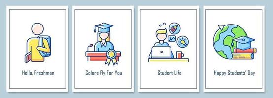 cartões comemorativos do dia mundial dos alunos com conjunto de elementos de ícones coloridos vetor