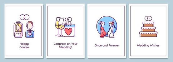 cartões comemorativos do dia do casamento com conjunto de elementos de ícones de cores vetor