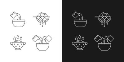 Ícones lineares de instruções de preparação de alimentos definidos para o modo claro e escuro vetor
