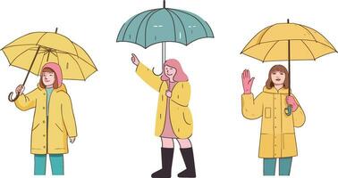 menina vestindo amarelo capa de chuva e segurando guarda-chuva dentro chuvoso dia , isolado, branco fundo vetor
