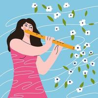 menina bonito dos desenhos animados tocando flauta, a música é uma flor. vetor