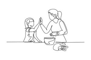 solteiro 1 linha desenhando do mãe e filha preparando para cozinhar alguns biscoitos às cozinha e dando Alto cinco gesto. parentalidade conceito. moderno contínuo linha desenhar Projeto gráfico vetor ilustração