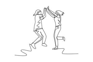 solteiro 1 linha desenhando dois jovem feliz mulheres pulando e dando Alto cinco gesto para comemoro o negócio bem-sucedido. apreciar amizade conceito. contínuo linha desenhar Projeto gráfico vetor ilustração