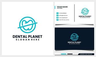 design de logotipo dental com estilo de arte de linha e conceito de planeta espacial vetor