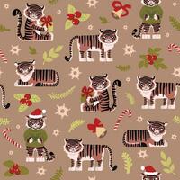 tigres bonitos comemoram o natal. sem costura padrão de símbolos de Natal. ramos de abeto, flocos de neve, sinos, presentes, doces. para papel de embrulho, tecido, cartões e outros desenhos. ilustração infantil. vetor