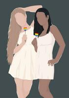 lésbica casal a partir de diferente étnico grupos segurando arco Iris corações vetor plano ilustração dentro Apoio, suporte do lgbt para orgulho mês. humano direitos. lgbtq.