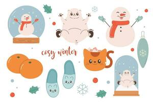 acolhedor inverno conjunto clipart, polar urso, neve globo, tangerinas, boneco de neve, chinelos. vetor