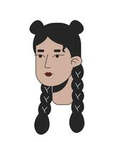 lindo menina com tradicional mexicano tranças 2d linear desenho animado personagem cabeça. latim fêmea trançado Penteado isolado linha vetor pessoa face branco fundo. hispânico cor plano local ilustração