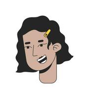 sorridente latina menina ondulado prumo com cabelo grampo 2d linear desenho animado personagem cabeça. hispânico jovem adulto isolado linha vetor pessoa face branco fundo. morena prumo cor plano local ilustração