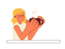 alegre caucasiano menina semi plano cor vetor personagem. jovem mulher bebendo café. cafeteria. editável metade corpo pessoa em branco. simples desenho animado local ilustração para rede gráfico Projeto
