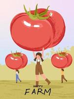 personagens de desenhos animados de fazendeiros com ilustrações de pôster de colheita de tomate vetor