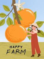 personagens de desenhos animados de fazendeiros com gráfico de colheita de frutas cítricas laranja vetor