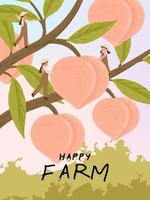 personagens de desenhos animados de fazendeiros com ilustrações de colheita de frutos de pêssego vetor