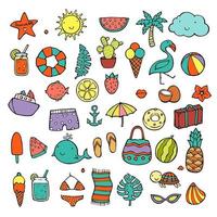 conjunto de ícones fofos de verão alimentos, bebidas, folhas de palmeira, frutas vetor