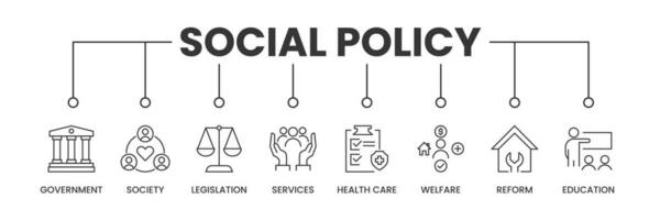 social política bandeira com ícones. esboço ícones do governo, sociedade, legislação, Serviços, saúde Cuidado, bem-estar, reforma, e Educação. vetor ilustração.