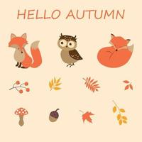 desenho de outono com raposa, coruja, cogumelo e folhas vetor