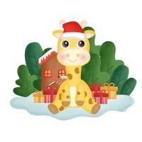 cartão de Natal com girafa de cor de água na floresta. vetor