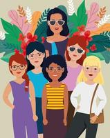 grupo de belas mulheres em pé com folhas tropicais vetor