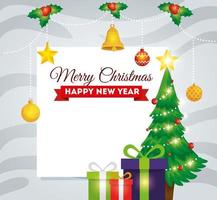 cartão de feliz natal com pinheiro e caixas de presente vetor