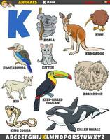 desenho animado animal personagens para carta k educacional conjunto vetor