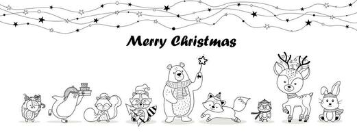 alegre Natal inscrição. Natal personagens - animais, urso, guaxinim, esquilo, ouriço, Raposa, coruja, lebre, pinguim. vetor Preto e branco ilustração.
