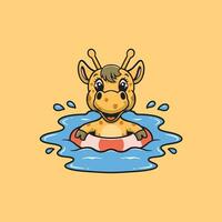 fofa girafa natação desenho animado ilustração vetor