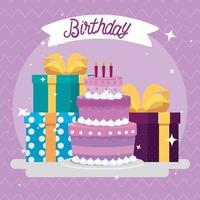 desenho de vetor de bolo e presentes de feliz aniversário