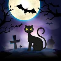 gato na noite escura cena de halloween vetor