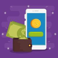 smartphone com moeda e carteira vetor