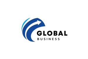 o negócio logotipo modelo. globo e seta logotipo é adequado para global empresa, mundo tecnologias, meios de comunicação e publicidade agências vetor