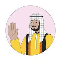 saudita árabe homem acenando feliz 2d linha vetor avatar ilustração. dizendo Olá esboço desenho animado personagem face. meio Oriental masculino vestindo xadrez chapelaria plano cor do utilizador perfil imagem isolado