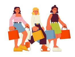 amigos indo compras semi plano cor vetor personagens. meninas com pacotes. lazer com alma companheiros. editável cheio corpo pessoas em branco. simples desenho animado local ilustração para rede gráfico Projeto