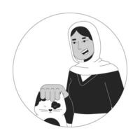 muçulmano hijab mulher acariciando gato cabeça Preto e branco 2d vetor avatar ilustração. voluntário senhora com gatinho esboço desenho animado personagem face isolado. fêmea veterinário plano do utilizador perfil imagem