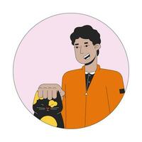 meio Oriental adolescente Garoto acariciando gato 2d linha vetor avatar ilustração. árabe jovem homem coçar gatinha doméstico esboço desenho animado personagem face. animal proprietário masculino plano cor do utilizador perfil imagem isolado