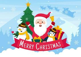 alegre Natal vetor ilustração com santa Papai Noel, bugiganga bola, presente caixa, surpresa presentes, árvores e neve fundo dentro plano desenho animado Projeto