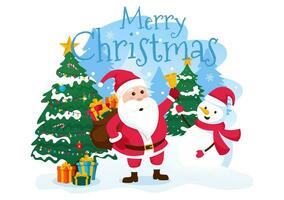 alegre Natal vetor ilustração com santa Papai Noel, bugiganga bola, presente caixa, surpresa presentes, árvores e neve fundo dentro plano desenho animado Projeto