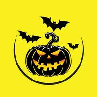 dia das Bruxas abóbora com morcegos em amarelo fundo vetor