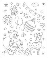 coloração página do uma decorado Natal árvore, Shanta Papai Noel, bola, Sino, boneco de neve e presentes. vetor Preto e branco ilustração em branco fundo.