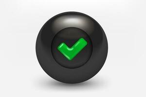 Preto bola com verde marca de verificação ícone. 3d vetor ilustração