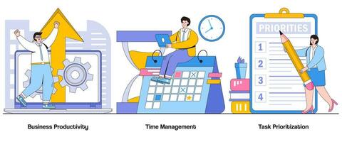 o negócio produtividade, Tempo gerenciamento, tarefa priorização conceito com personagem. produtividade otimização abstrato vetor ilustração definir. eficiência hacks, fluxo de trabalho gestão metáfora