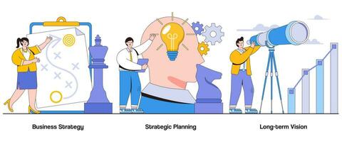 o negócio estratégia, estratégico planejamento, longo prazo visão conceito com personagem. estratégico pensando abstrato vetor ilustração definir. objetivo contexto, açao planejamento, estratégico implementação metáfora