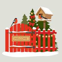 uma inverno rural cena com uma vermelho cerca, dom-fafe, uma Casa de passarinho e uma Natal árvore. ilustrado vetor clipart.
