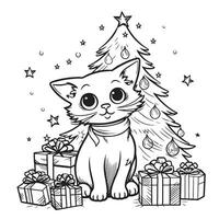 desenho animado gato com presentes em a fundo do uma Natal árvore, mão desenhado esboço. símbolo do Natal e Novo ano. vetor