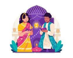 feliz diwali saudações. indiano casal segurando aceso óleo lâmpadas ou diya. hindu tradicional festival do luzes vetor