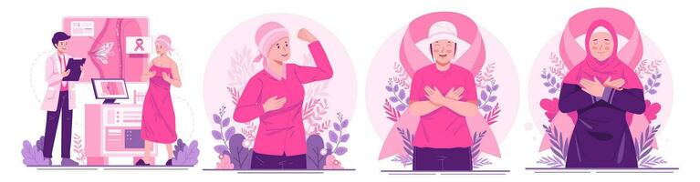 ilustração conjunto do seio Câncer consciência mês. mulheres com fitas Rosa Como uma preocupação e Apoio, suporte para mulheres com seio Câncer vetor