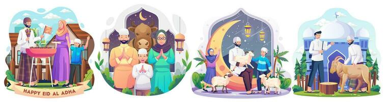 conjunto de família muçulmana feliz celebra eid al adha mubarak com uma cabra em uma mesquita frontal. ilustração vetorial de estilo simples vetor